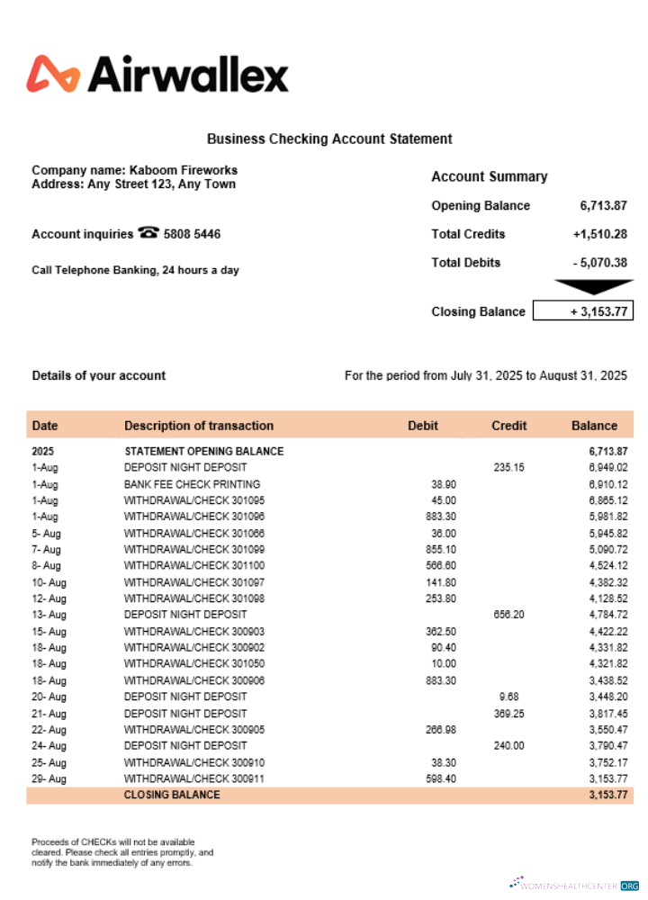 Download Airwallex Limited organization checking account statement Word and PDF format Photoshop template